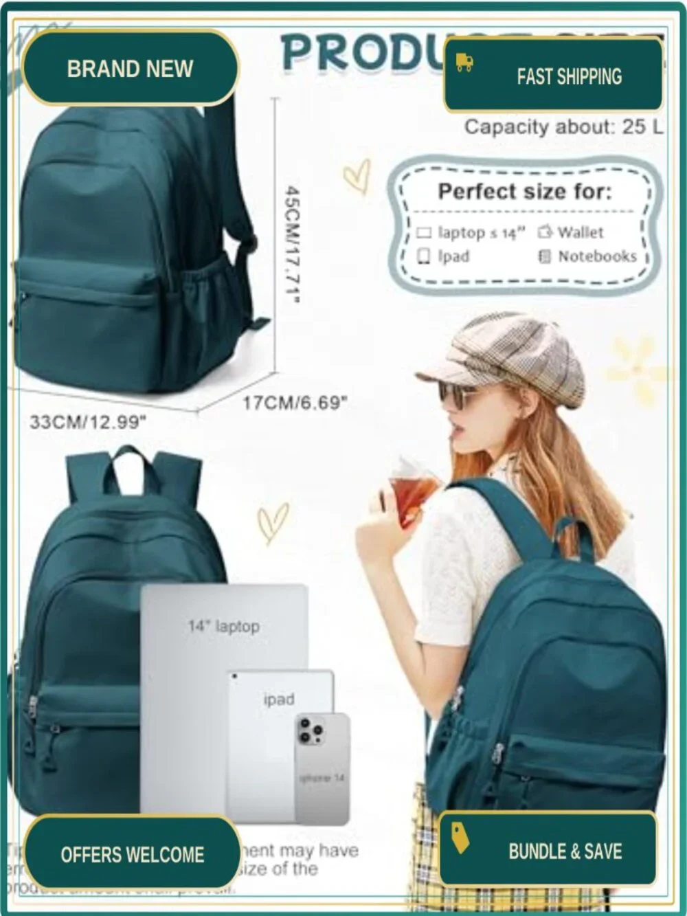 School Backpack 24L Nylon Laptop Daypack Teens